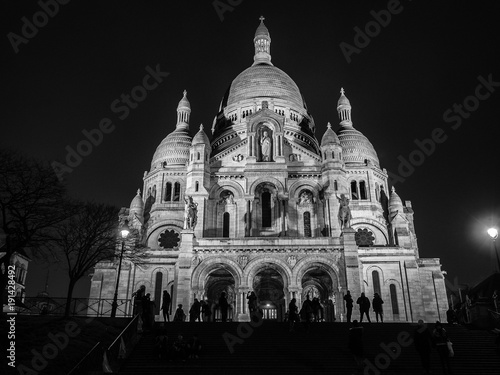 Night View of the Sacred Heart church in Montmartre, Paris.