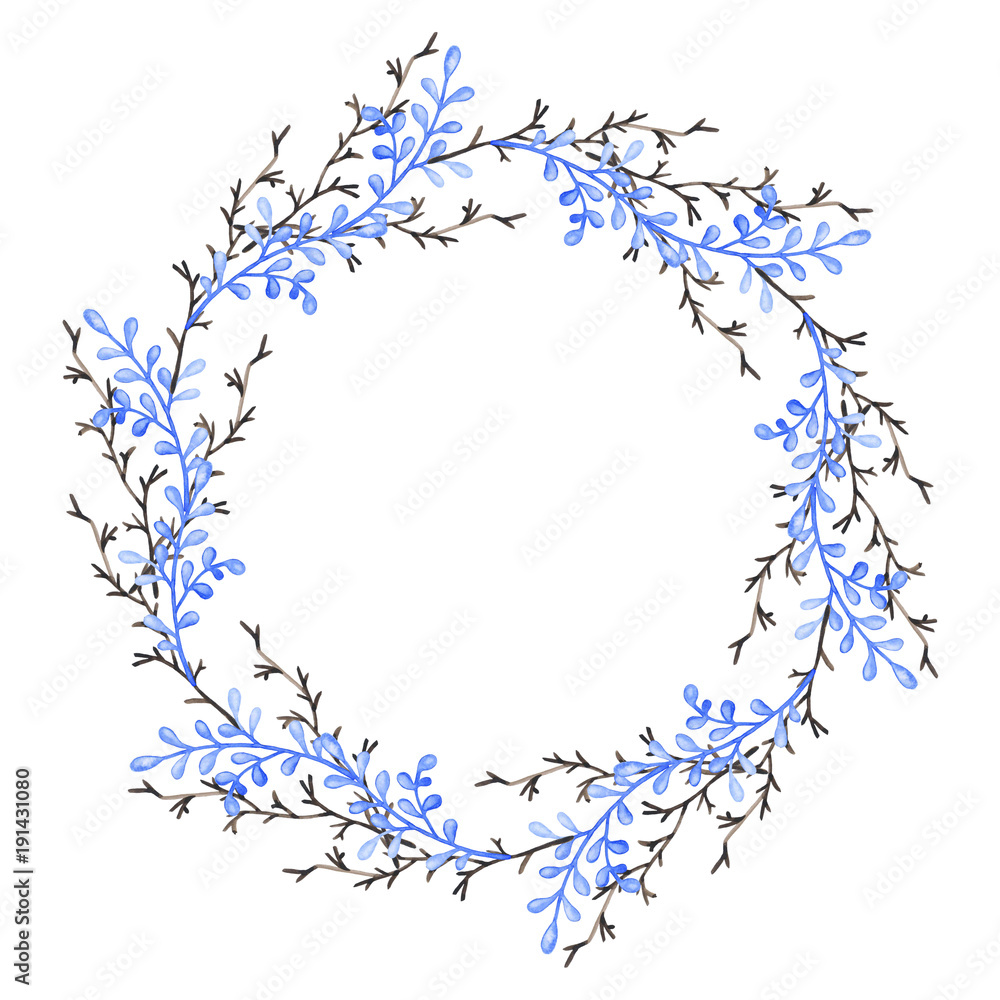 Hand painted Watercolor Winter wreath with Dry and Blue Branches Hand painted Watercolor Winter wreath with Dry and Blue Branches