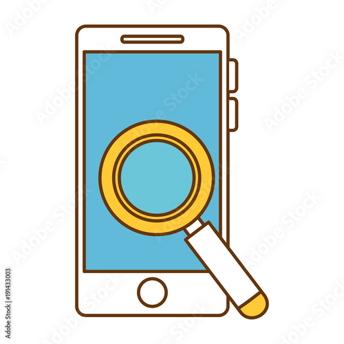 smartphone device with magnifying glass vector illustration design