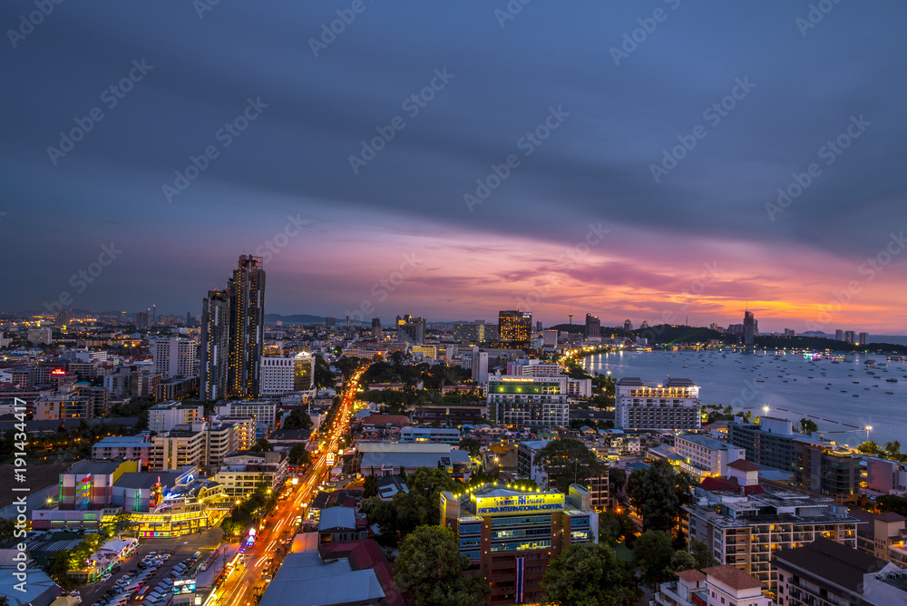 Landscape at nigth time of pattaya city  with colurful light in city.