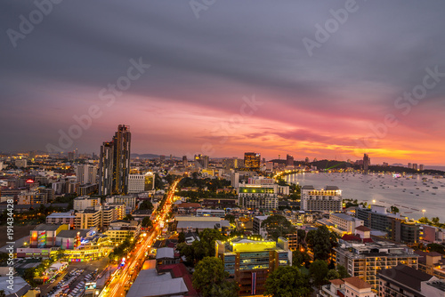 Landscape at nigth time of pattaya city with colurful light in city.