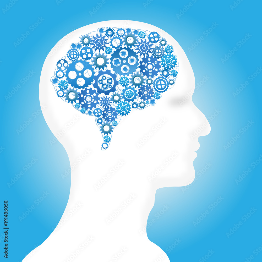 Gear brain human in blue layer background as technology, industry, cogs representing and thinking mind concept