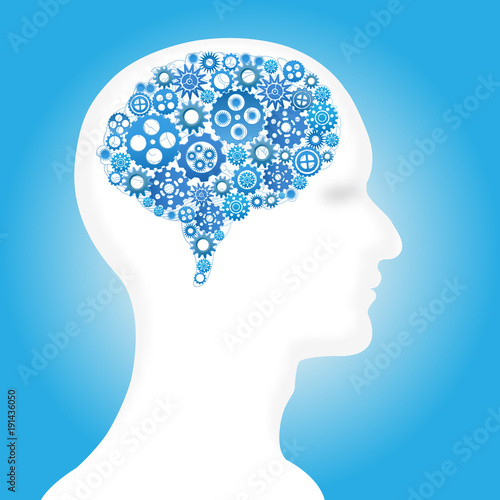 Gear brain human in blue layer background as technology, industry, cogs representing and thinking mind concept