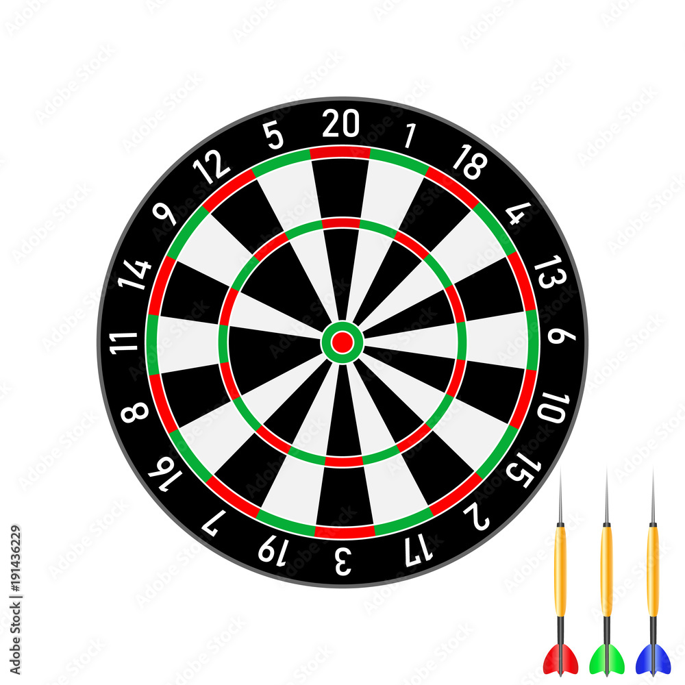 The classic dart board and darts arrow isolated on white background. Vector illustration. The classic dart board and darts arrow isolated on white background. Vector illustration.
