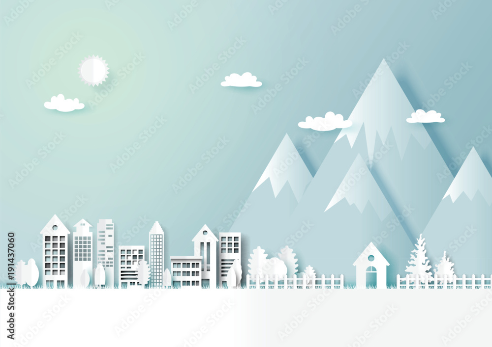 Snow and winter season abstract background with urban cityscape countryside landscape for merry Christmas and happy new year paper art style.Vector illustration.