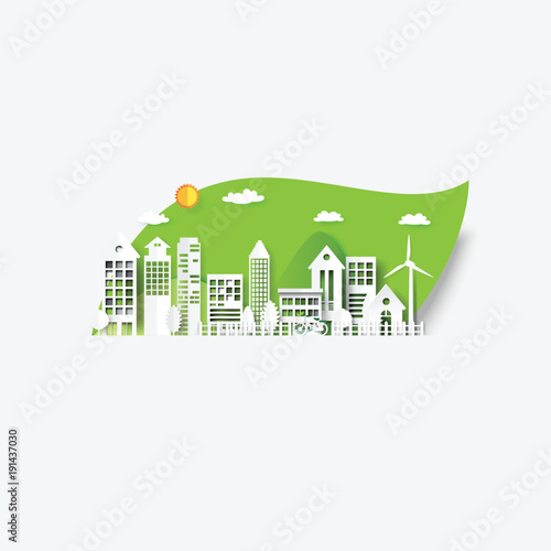 Eco city on green leaf background.Paper art of renewable energy ecology and environment conservation creative idea concept design.Vector illustration.