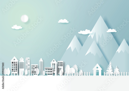 Snow and winter season abstract background with urban cityscape countryside landscape for merry Christmas and happy new year paper art style.Vector illustration.