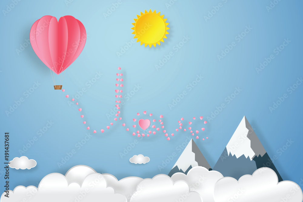 The love text with pink hot air balloon, sunny on blue sky as heart valentine's day, wedding and paper art concept. vector illustration.