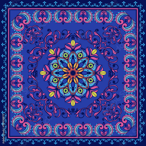 Fantastic flower ornament in oriental style.Design can be used for bandana print, kerchief design, napkin. Beautiful vector pattern.