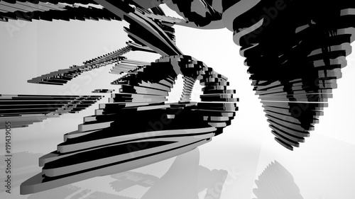 Abstract white and black parametric interior with window. 3D illustration and rendering.