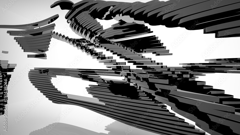 Naklejka premium Abstract white and black parametric interior with window. 3D illustration and rendering.