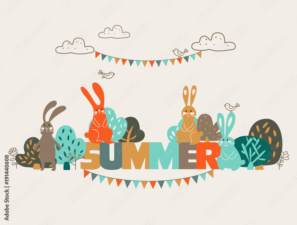 Happy birthday - lovely vector card with funny sweet rabbits in forest and garlands Happy birthday - lovely vector card with funny sweet rabbits in forest and garlands