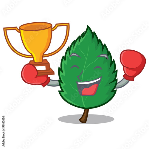 Boxing winner mint leaves mascot cartoon