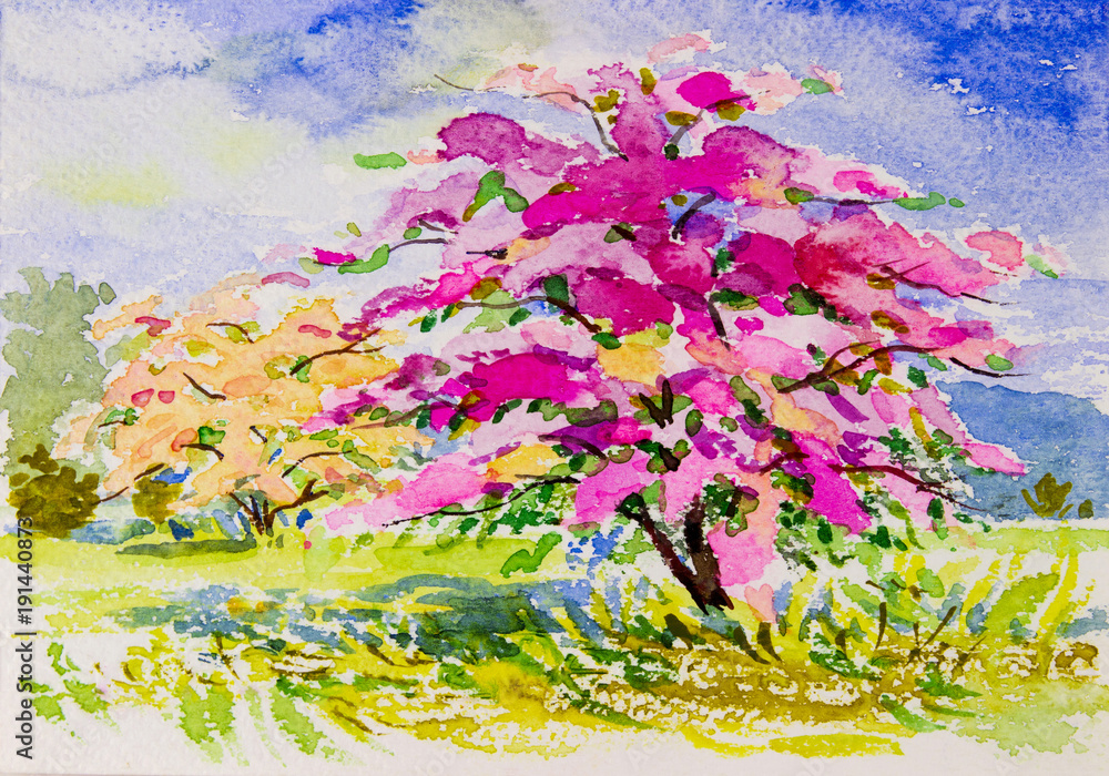 Fototapeta Obraz akwarela krajobraz oryginalny na papierze kolorowy z kwiatów papieru.