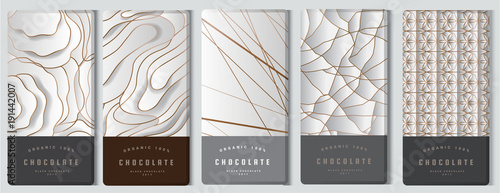 Chocolate bar packaging mock up set. elements,labels,icon,frames, for design of luxury products.Made with golden foil.Isolated on silver and brown background. vector illustration