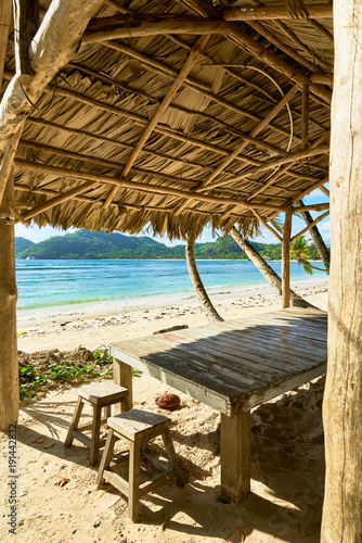 Fototapeta Naklejka Na Ścianę i Meble -  local straw hut on the seychelles beach , Anse marie louise, Mahe, Seychelles Island