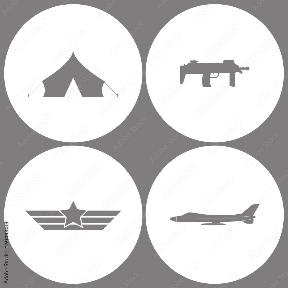 Vector Illustration Set Office Army Icons. Elements of Barracks, military tent, Submachine, Aviation wings and aircraft jet icon Vector Illustration Set Office Army Icons. Elements of Barracks, military tent, Submachine, Aviation wings and aircraft jet icon