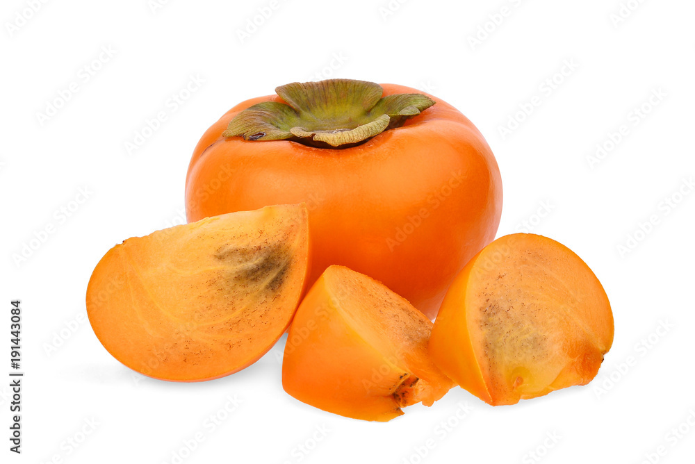 whole and slices of fresh ripe persimmons isolated on white background