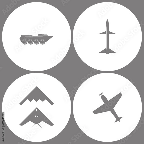 Vector Illustration Set Office Army Icons. Elements of Armored vehicle, Missile, stealth, bomber and Airplane with screw,plane silhouette icon © gunayaliyeva