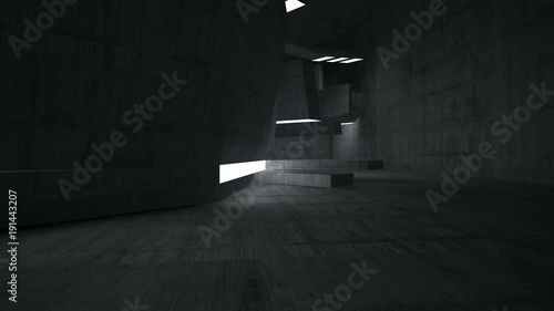 Empty dark abstract concrete room interior. Architectural background. Night view of the illuminated. 3D animation and rendering 