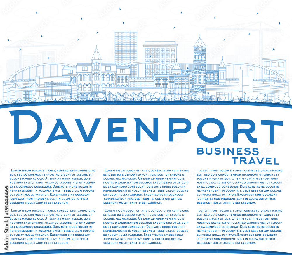Outline Davenport Iowa Skyline with Blue Buildings and Copy Space.