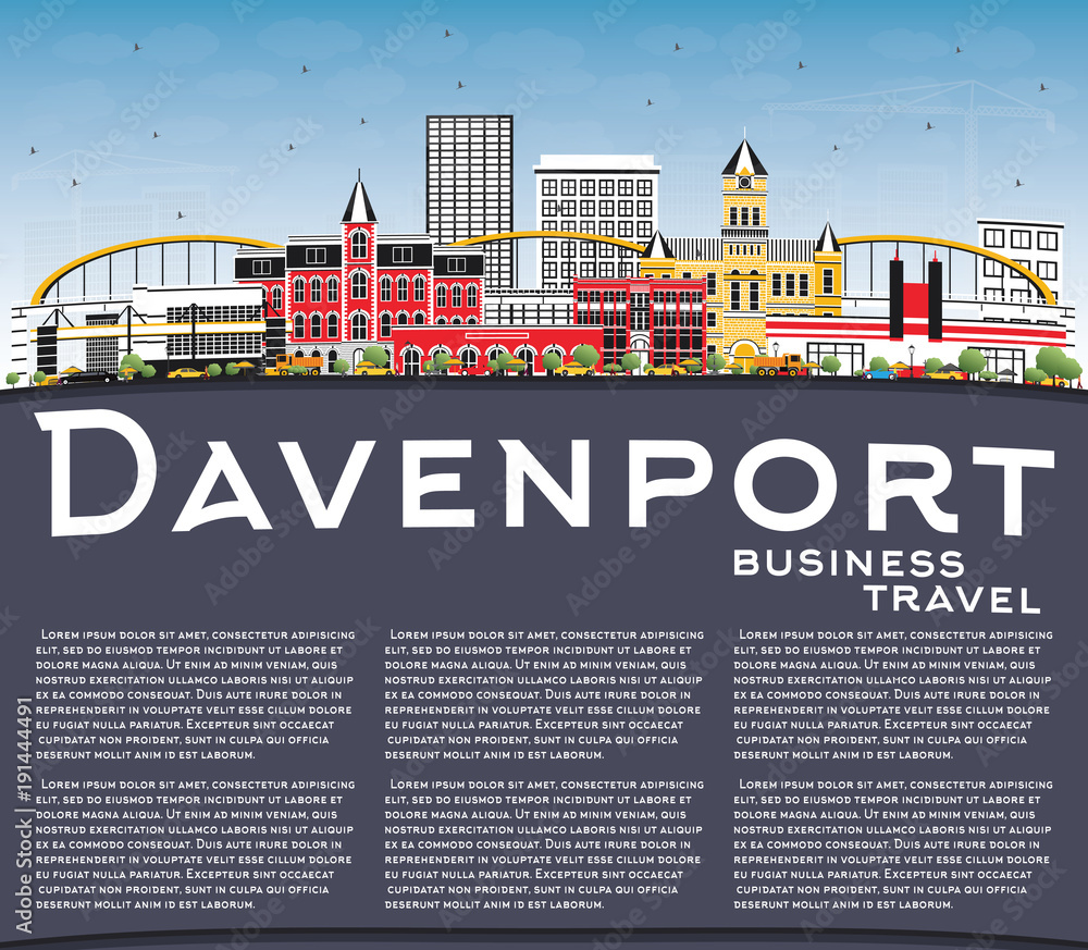 Davenport Iowa Skyline with Color Buildings, Blue Sky and Copy Space.