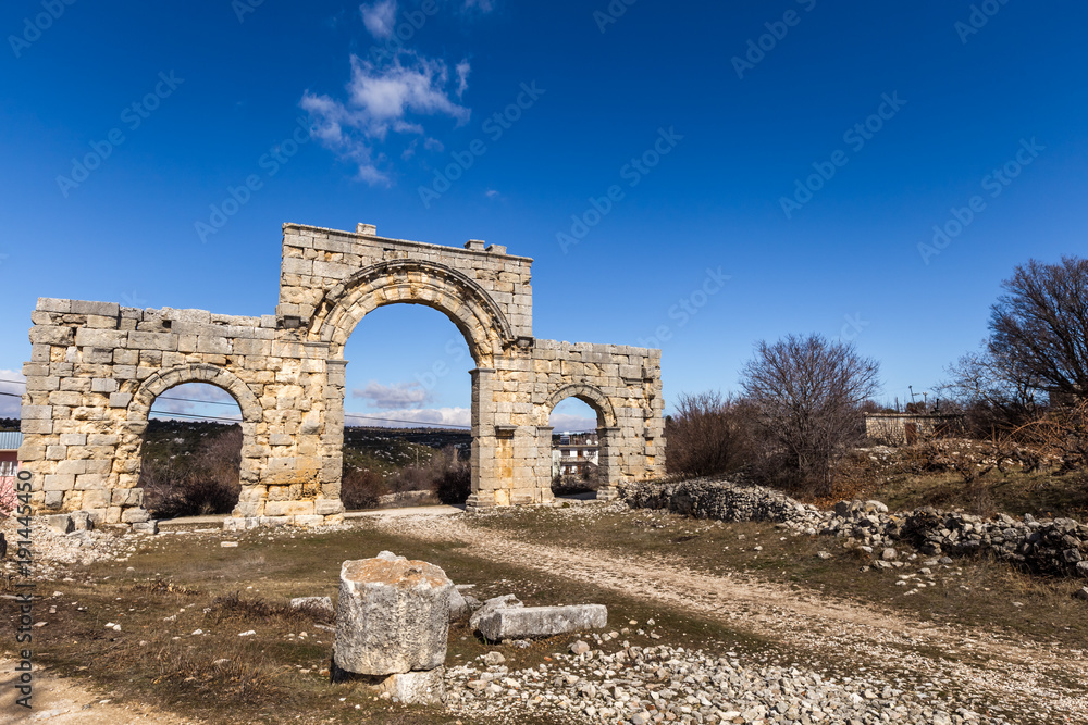 Marble City North Gate columns of Uzuncaburc Ancient city located in Uzuncaburc,Silifke,Mersin,Turkey.2