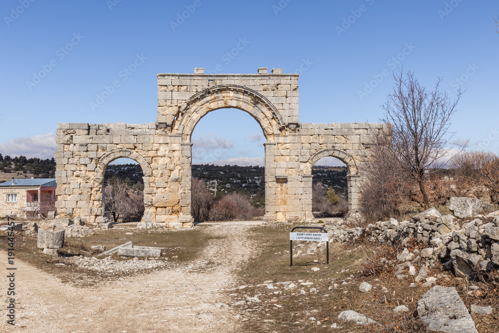 Marble City North Gate columns of Uzuncaburc Ancient city located in Uzuncaburc,Silifke,Mersin,Turkey.2