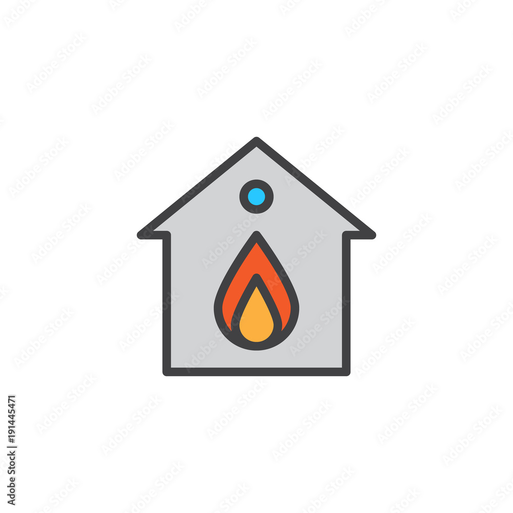 Burning home filled outline icon, line vector sign, linear colorful pictogram isolated on white. Home in Fire symbol, logo illustration. Pixel perfect vector graphics Burning home filled outline icon, line vector sign, linear colorful pictogram isolated on white. Home in Fire symbol, logo illustration. Pixel perfect vector graphics