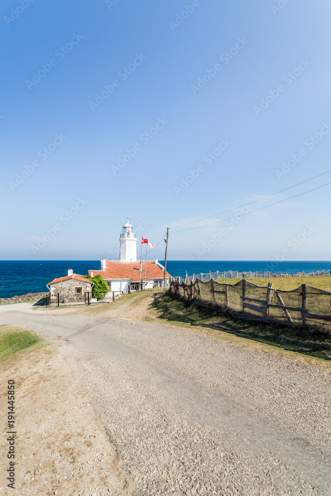 Landscape view of old white Inceburun lighthouse