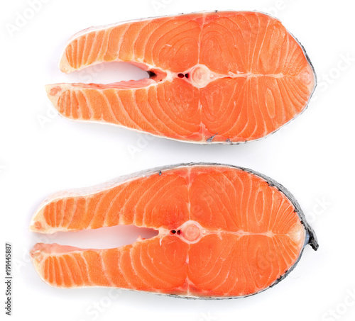 Slice of red fish salmon isolated on white background. Top view. Flat lay