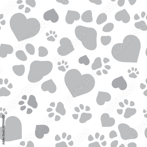 repeating pattern with grey paw print and coral hearts on white background