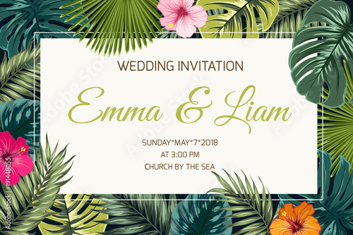 Wedding event invitation card template. Exotic tropical jungle rainforest bright green palm tree and monstera leaves hibiscus flowers border frame on dark background.
