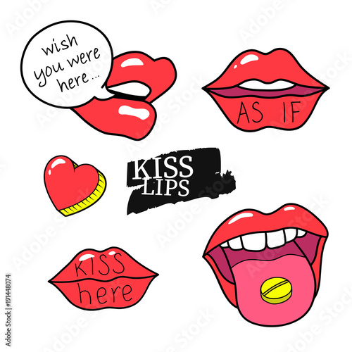 Red lips kiss set. Vector sticker patch badge pin collection. Female mouth Icon doodle hand drawn pop art 80s 90s style, Romance Love valintines day symbol. Fashion illustration for print card textile