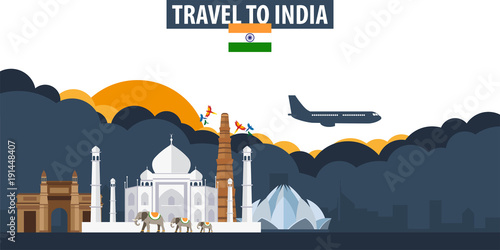 Travel to India. Travel and Tourism banner. Clouds and sun with airplane on the background.