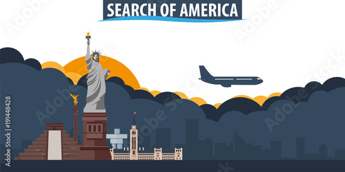 Search of America. Travel and Tourism banner. Clouds and sun with airplane on the background.