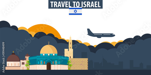 Travel to Israel. Travel and Tourism banner. Clouds and sun with airplane on the background.