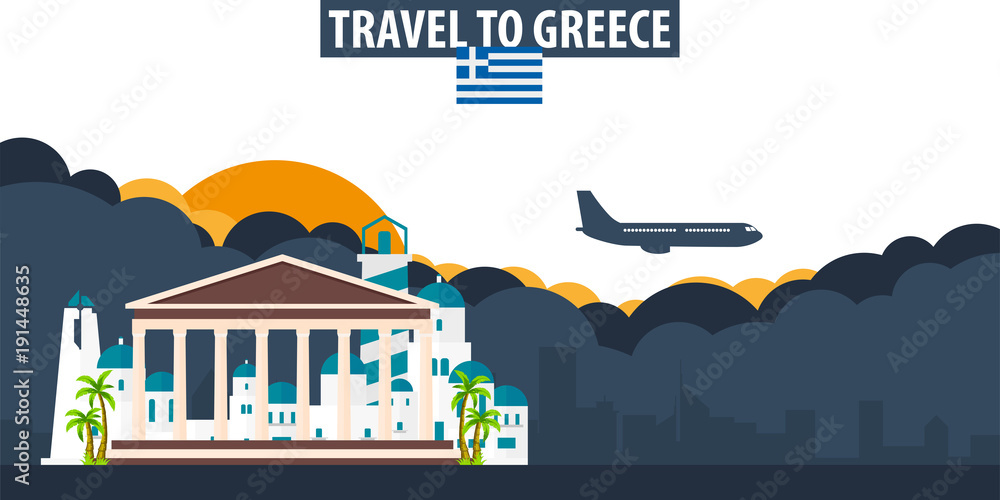 Travel to Greece. Travel and Tourism banner. Clouds and sun with airplane on the background.