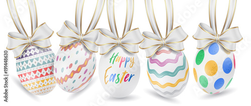 Easter ornament elements hanging. Happy easter image vector. Modern Easter background with colorful eggs and gold hanging. Template Easter greeting card, vector.