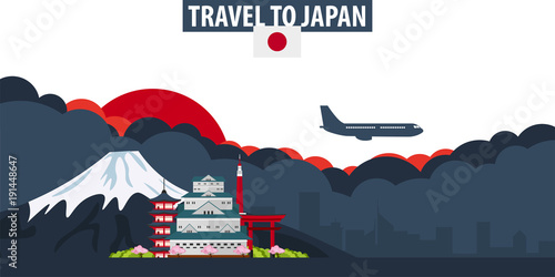 Travel to Japan. Travel and Tourism banner. Clouds and sun with airplane on the background.