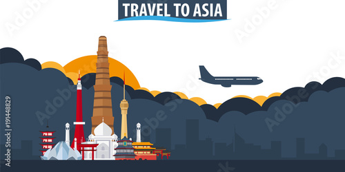Travel to Asia. Travel and Tourism banner. Clouds and sun with airplane on the background.