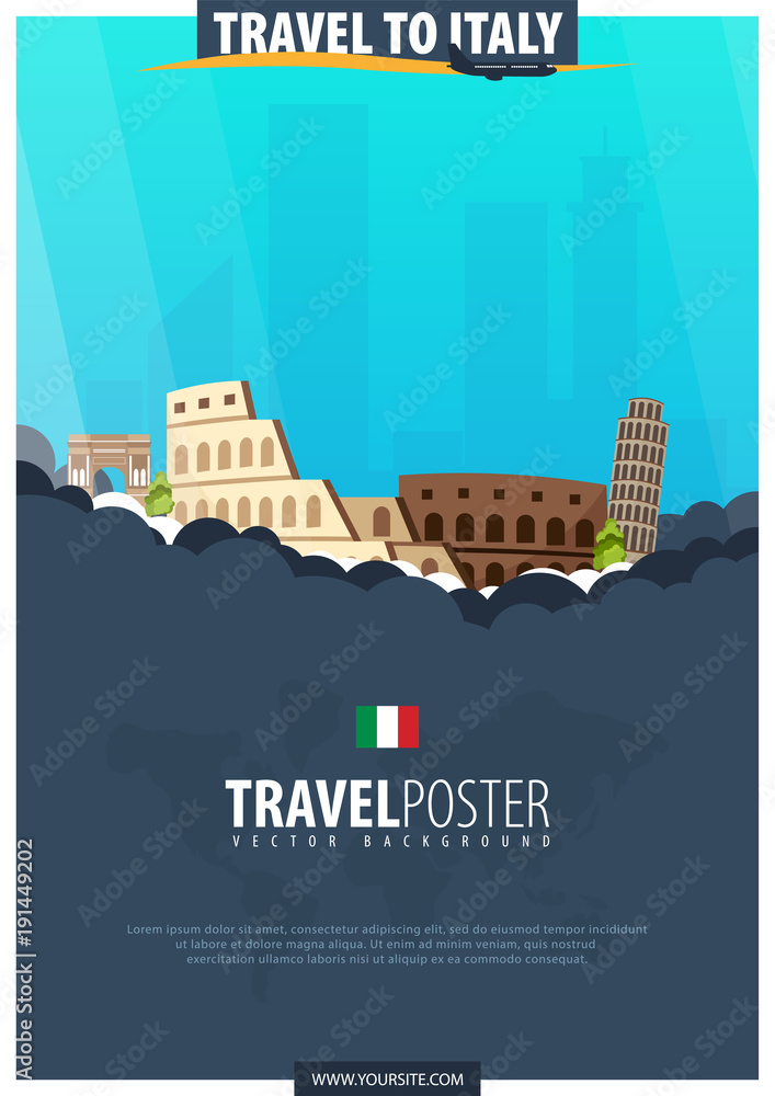 Travel to Italy. Travel and Tourism poster. Vector flat illustration.