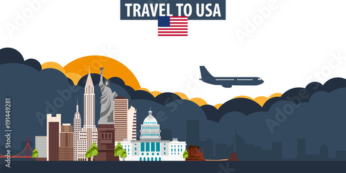 Travel to USA. Travel and Tourism banner. Clouds and sun with airplane on the background.