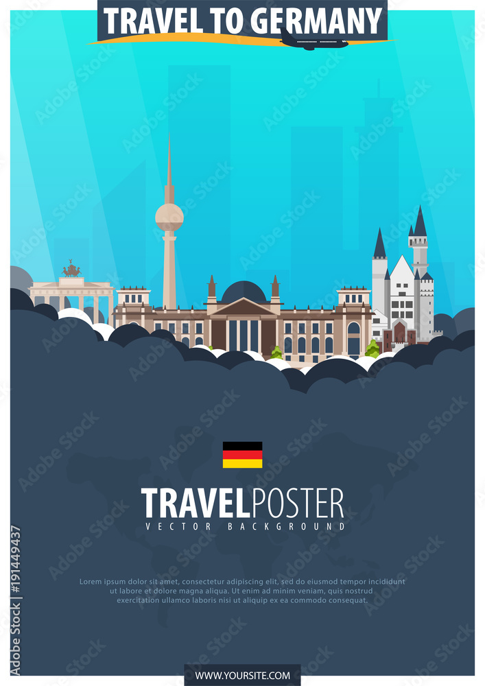 Travel to Germany, Europe. Travel and Tourism poster. Vector flat illustration.