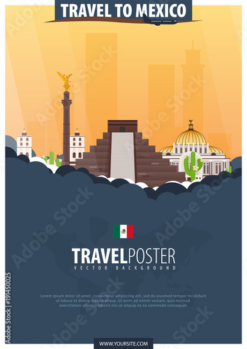 Travel to Mexico. Travel and Tourism poster. Vector flat illustration.