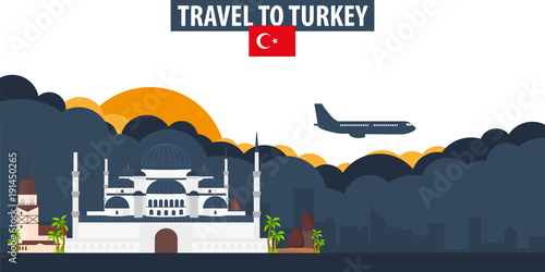 Travel to Turkey. Travel and Tourism banner. Clouds and sun with airplane on the background.