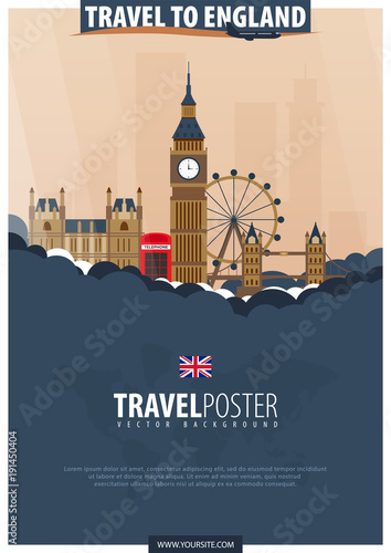 Travel to England. Travel and Tourism poster. Vector flat illustration.