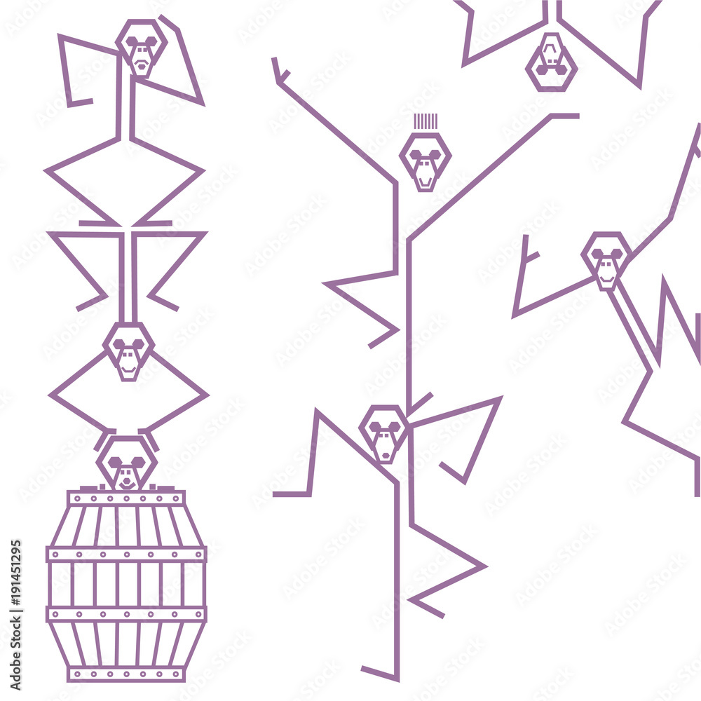 Barrel of monkeys in various, stack-able poses dancing acrobatics with different various expressions Barrel of monkeys in various, stack-able poses dancing acrobatics with different various expressions