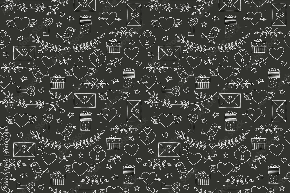 Seamless doodles Valentine's pattern. Cartoon romantic objects: heart, wings, branch with leaves bird, gift, lock, key, letter on black background. Love signs, design elements and symbols. Vector