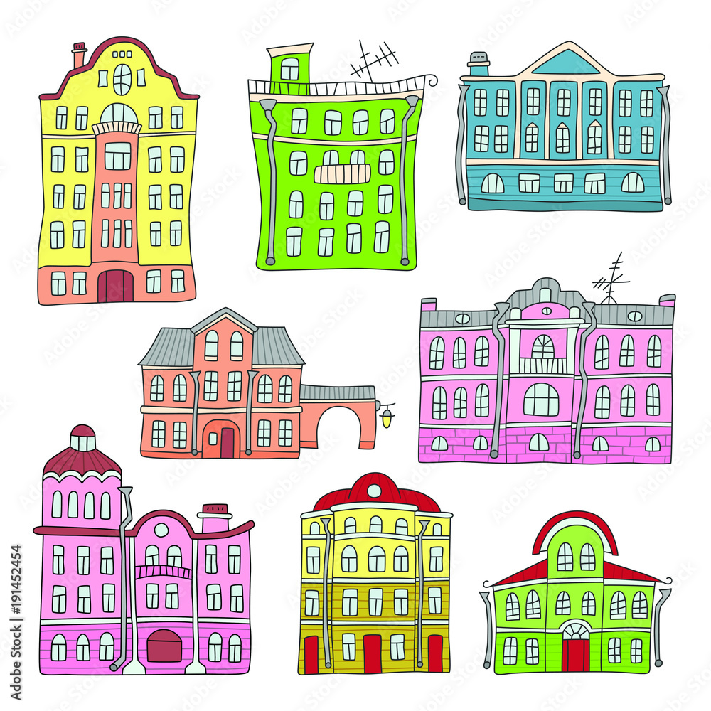 Buildings in the old town. Colorful. Set of elements in doodle and cartoon style. Vector. EPS 10